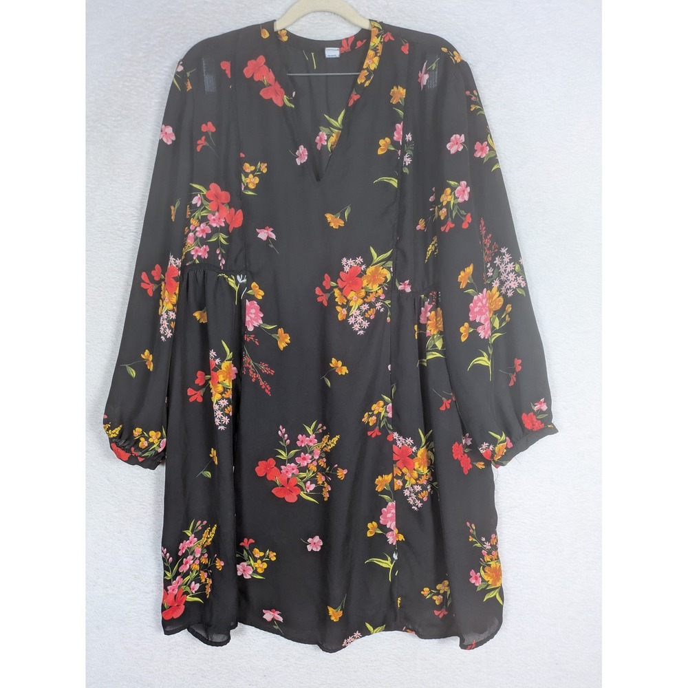 Old Navy Dress Women's L Black Floral Long Sleeve V-Neck Crochet Trim Tunic